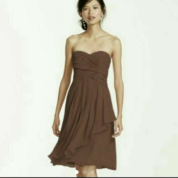 David's Bridal Dresses & Skirts - David's Bridal Short Crinkle Chiffon Brown Dress with Front Cascade Size 10